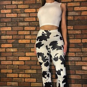 Black & White Cow Print Flare High Waisted Pants